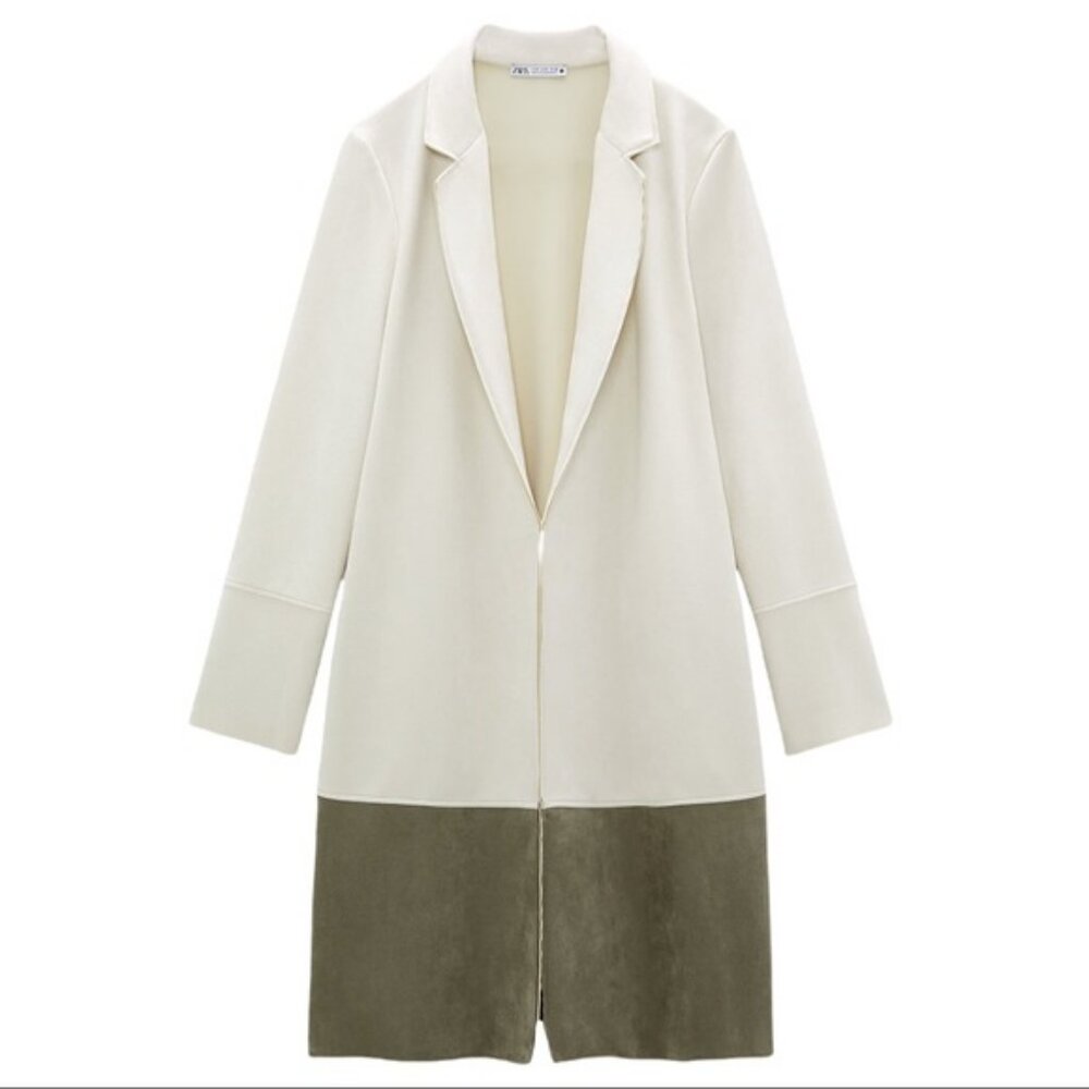Zara Cardigan Fau Suede Longline Duster Open Front Color Block Lapel Coat Khaki